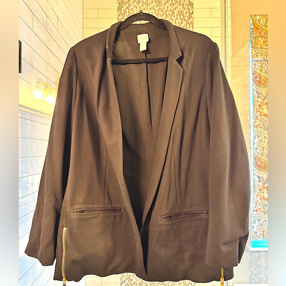 Black Chicos blazer with gold zipper accent. Size 3.